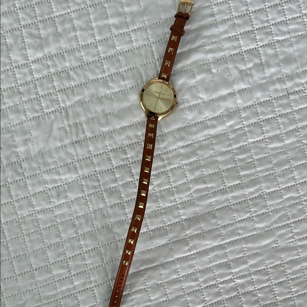 MK Brown Leather Strap Watch with Gold Accents